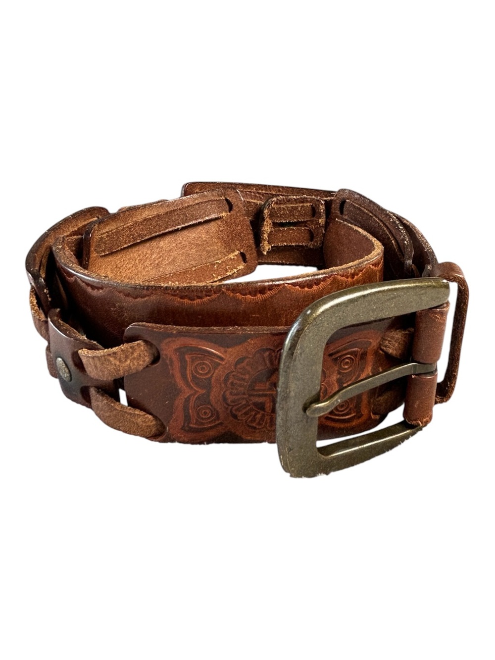 Fossil Tooled Leather Link Belt Southwestern Boho Large Size 34-38" - Picture 2 of 10